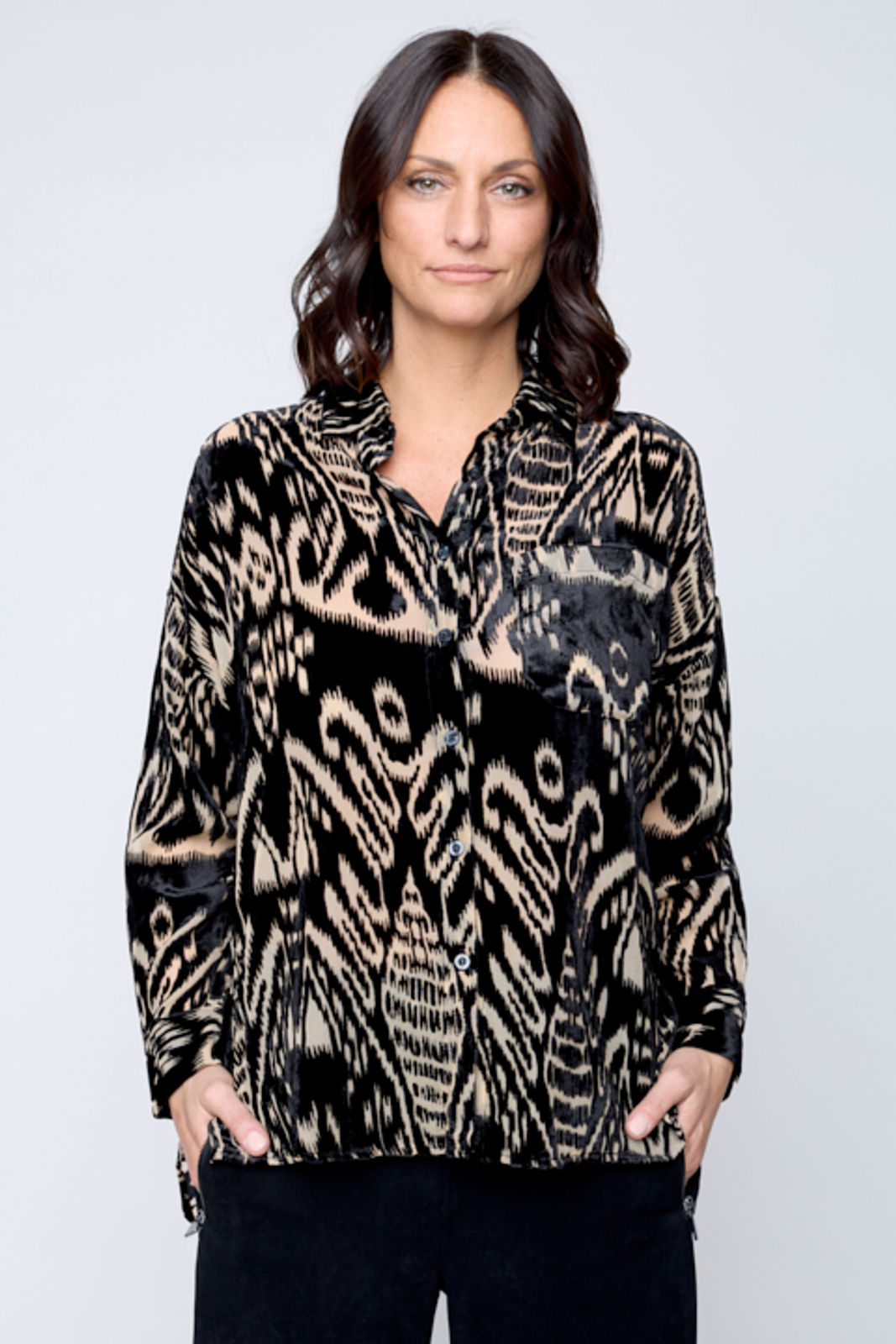 Carre Noir Black and Tan Aztec Print Blouse  6594