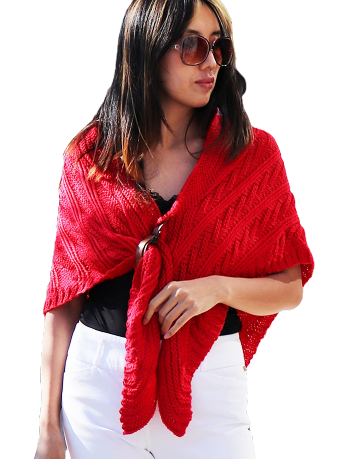 Red Cable Knit Shawl with Buckle
