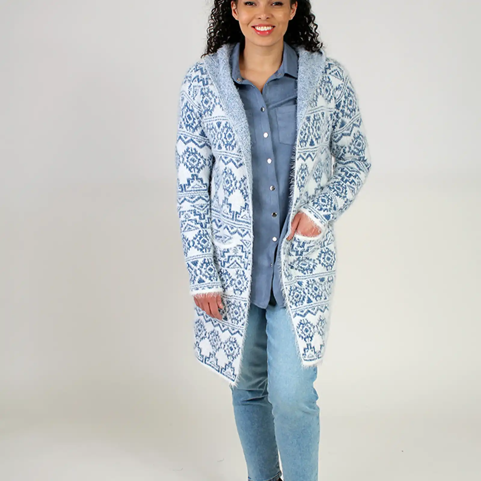 Thumbnail: Fresh FX Blue and White Eyelash Long Cardigan  FB163782