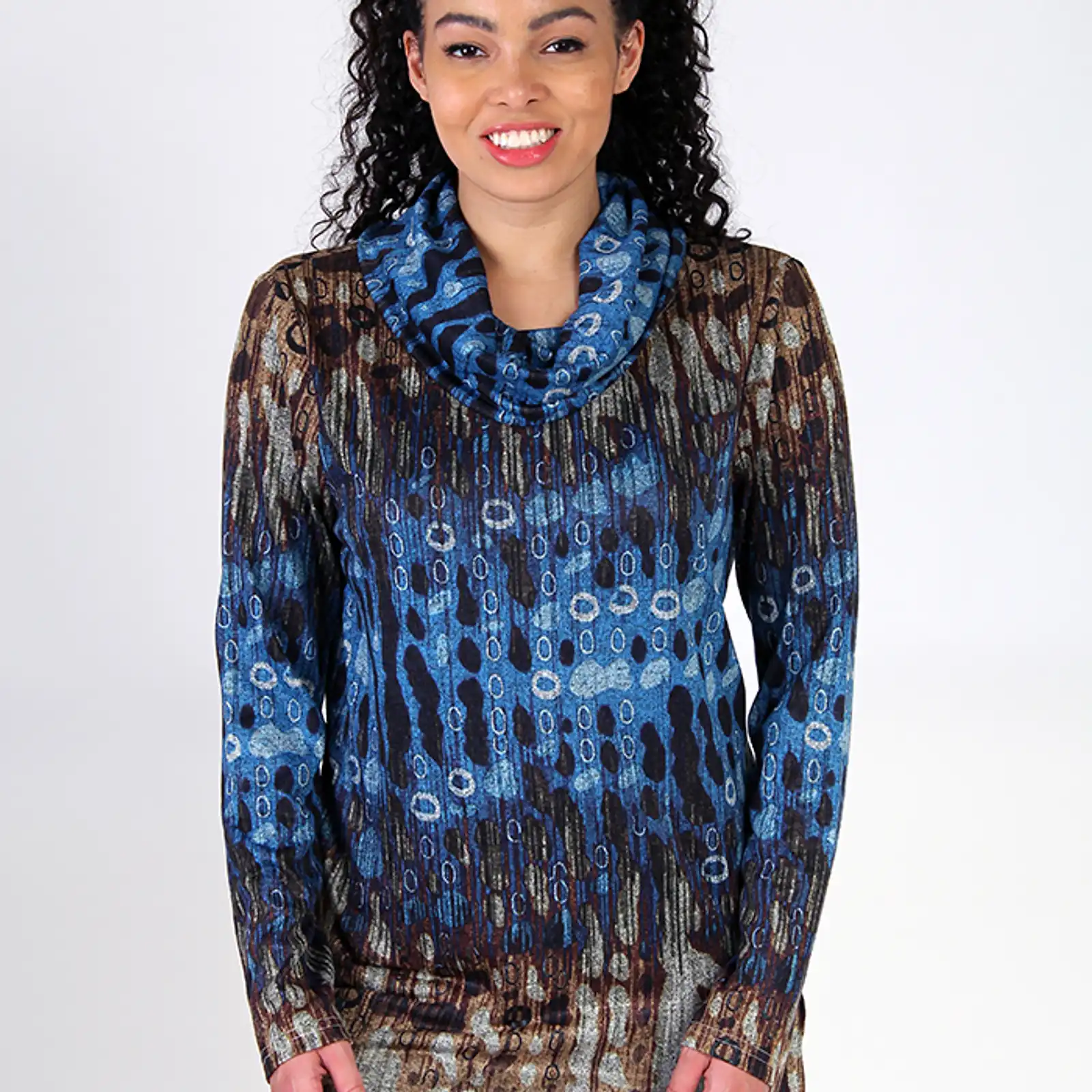 Thumbnail: Fresh FX Brown & Blue Cowl Neck Tunic 1FB371442C
