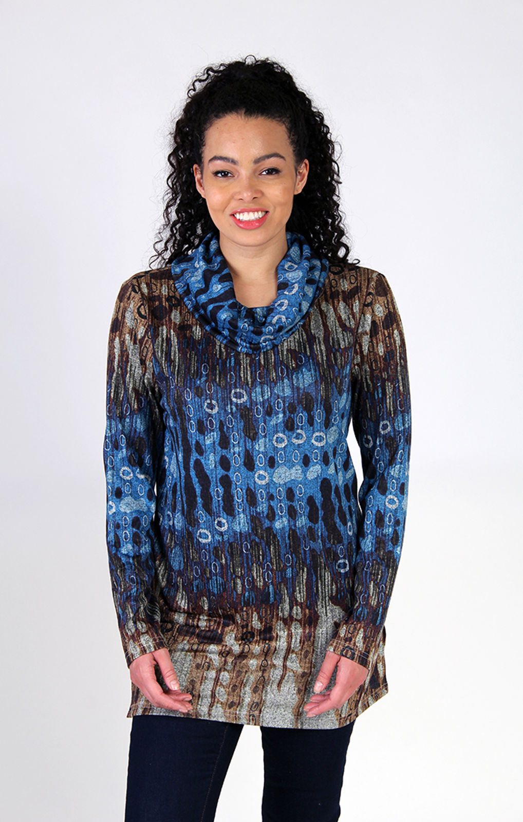 Fresh FX Brown & Blue Cowl Neck Tunic 1FB371442C