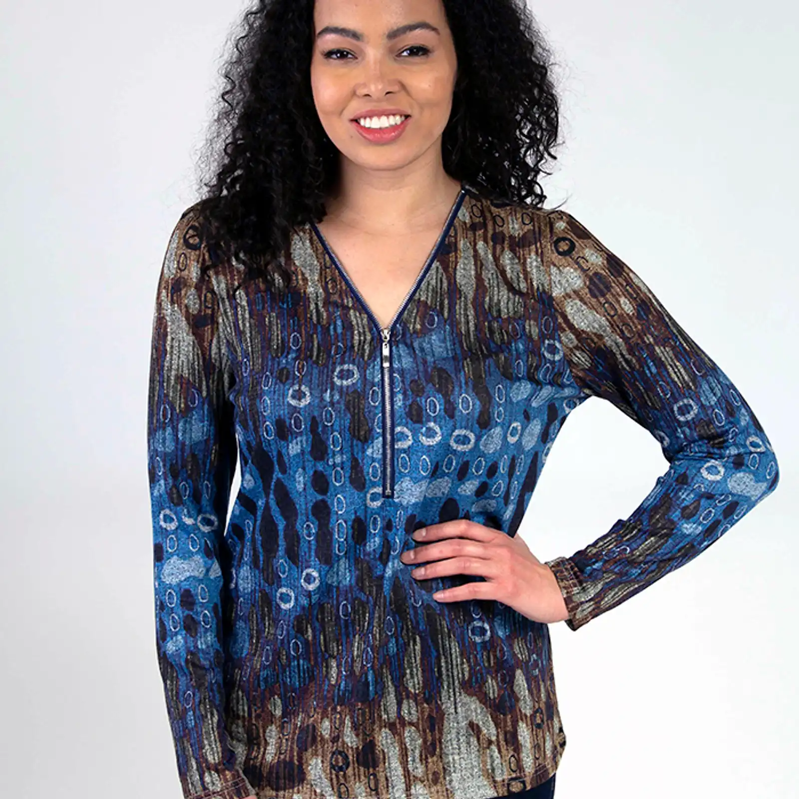 Thumbnail: Fresh FX Brown & Blue Zip V-Neck Top 1FB371443C