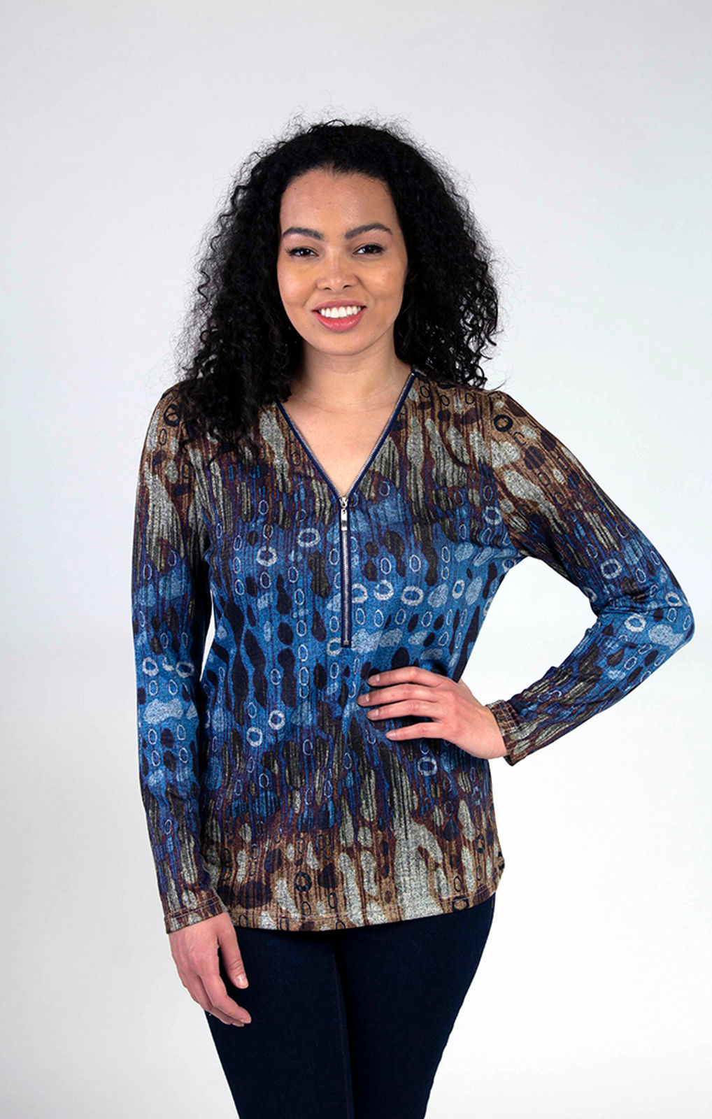 Fresh FX Brown & Blue Zip V-Neck Top 1FB371443C