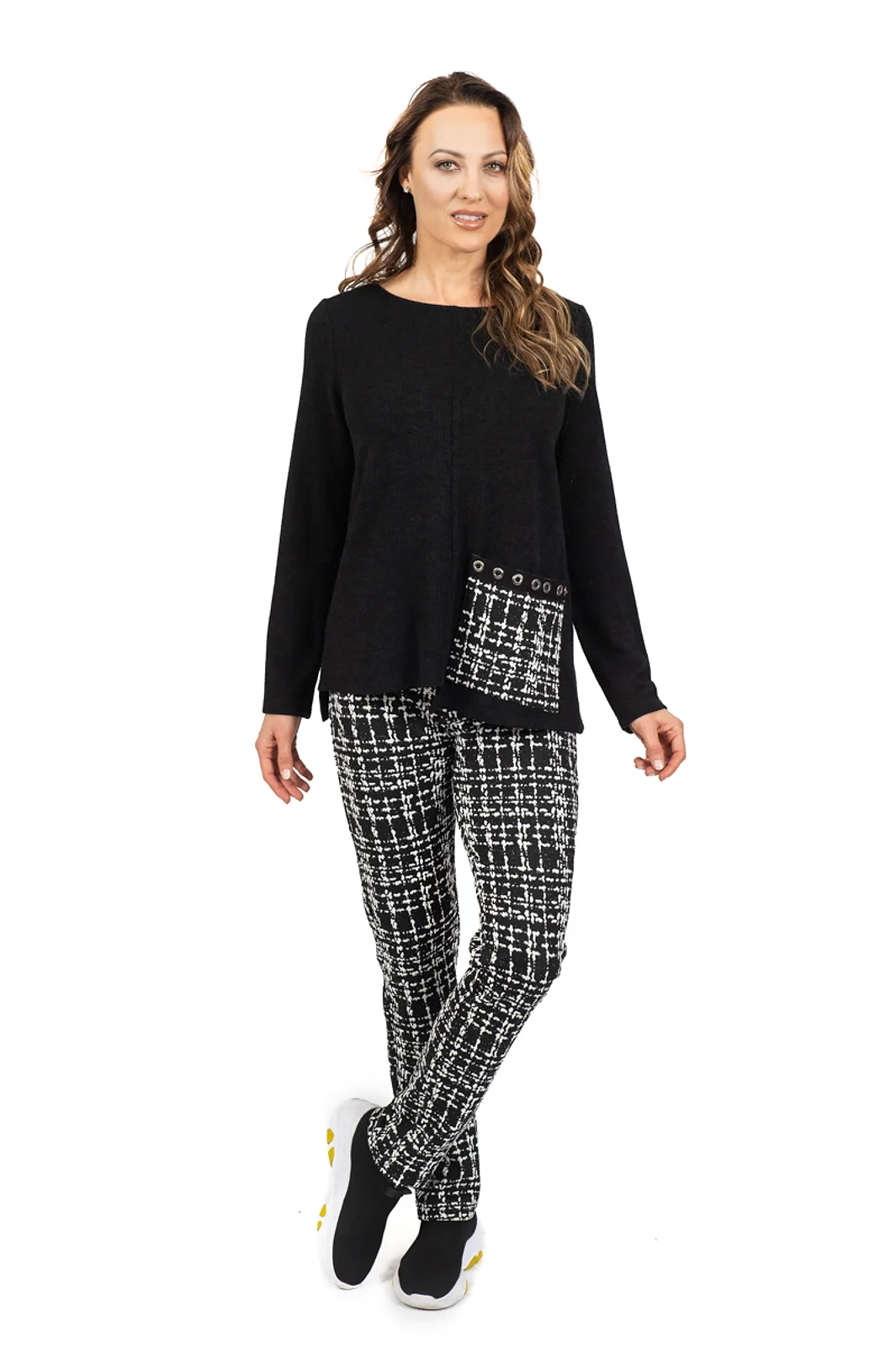 SCAPA Black Sweater with Houndstooth Pocket