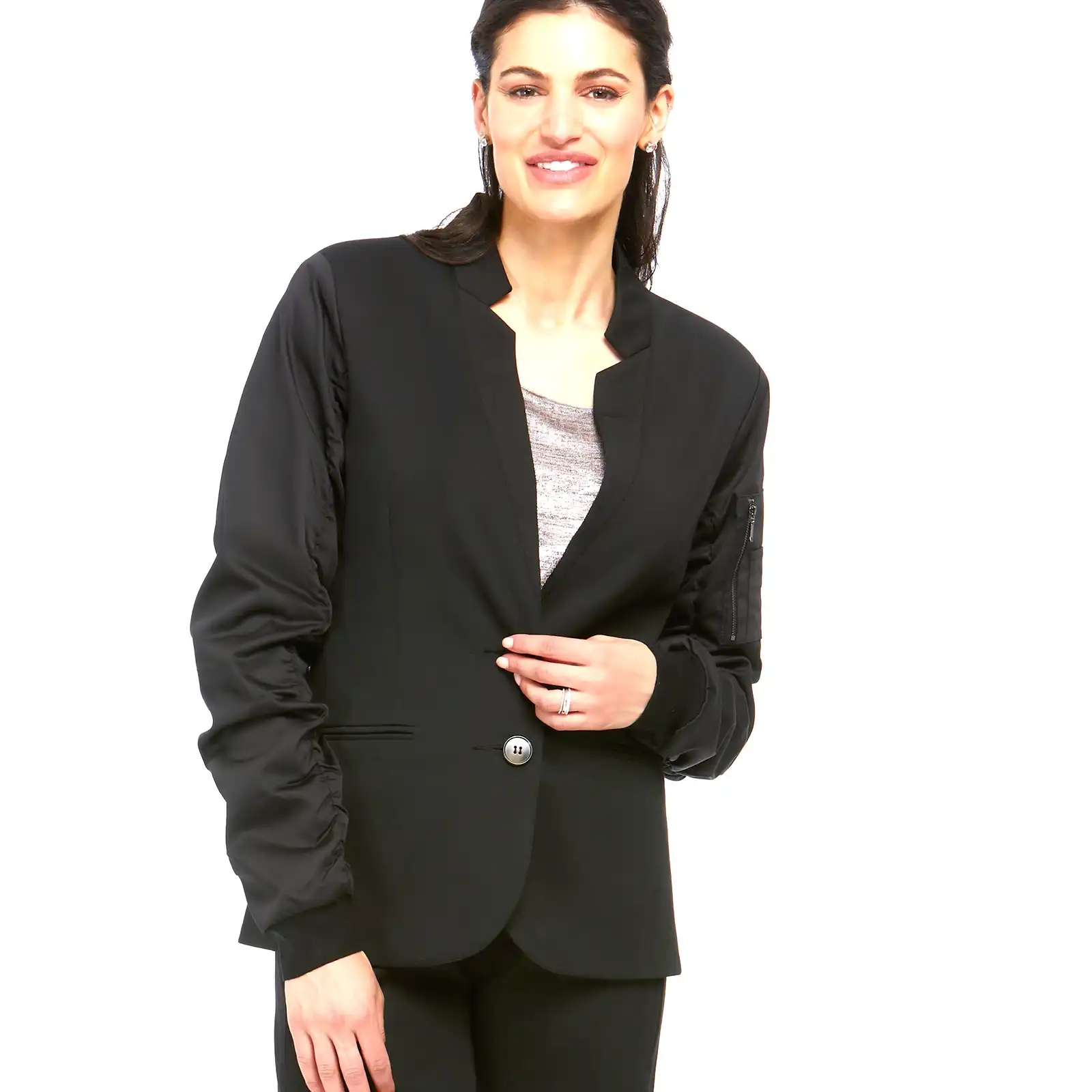 Thumbnail: Orly Black Blazer with Ruched Satin Sleeves 70201