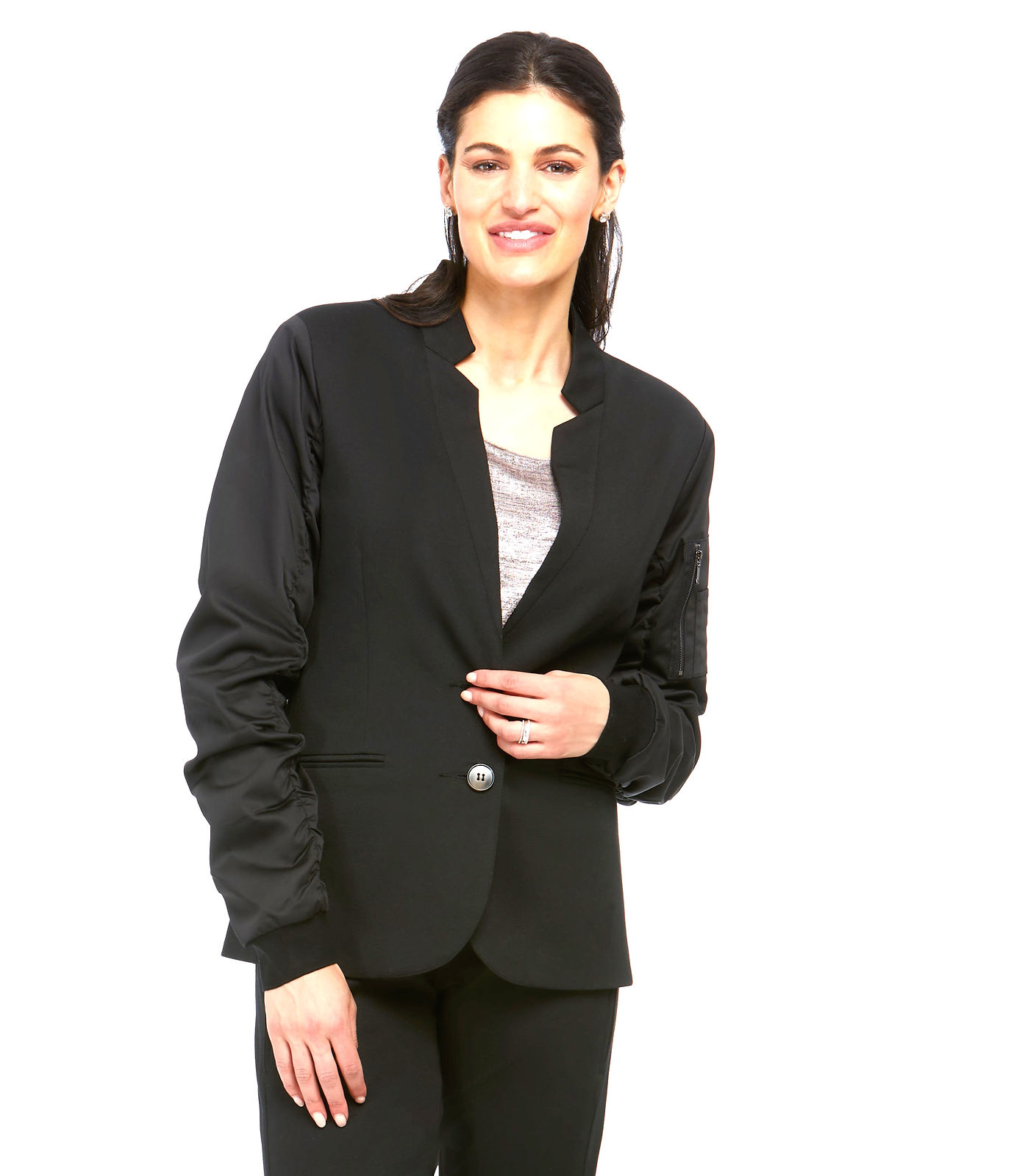 Orly Black Blazer with Ruched Satin Sleeves 70201