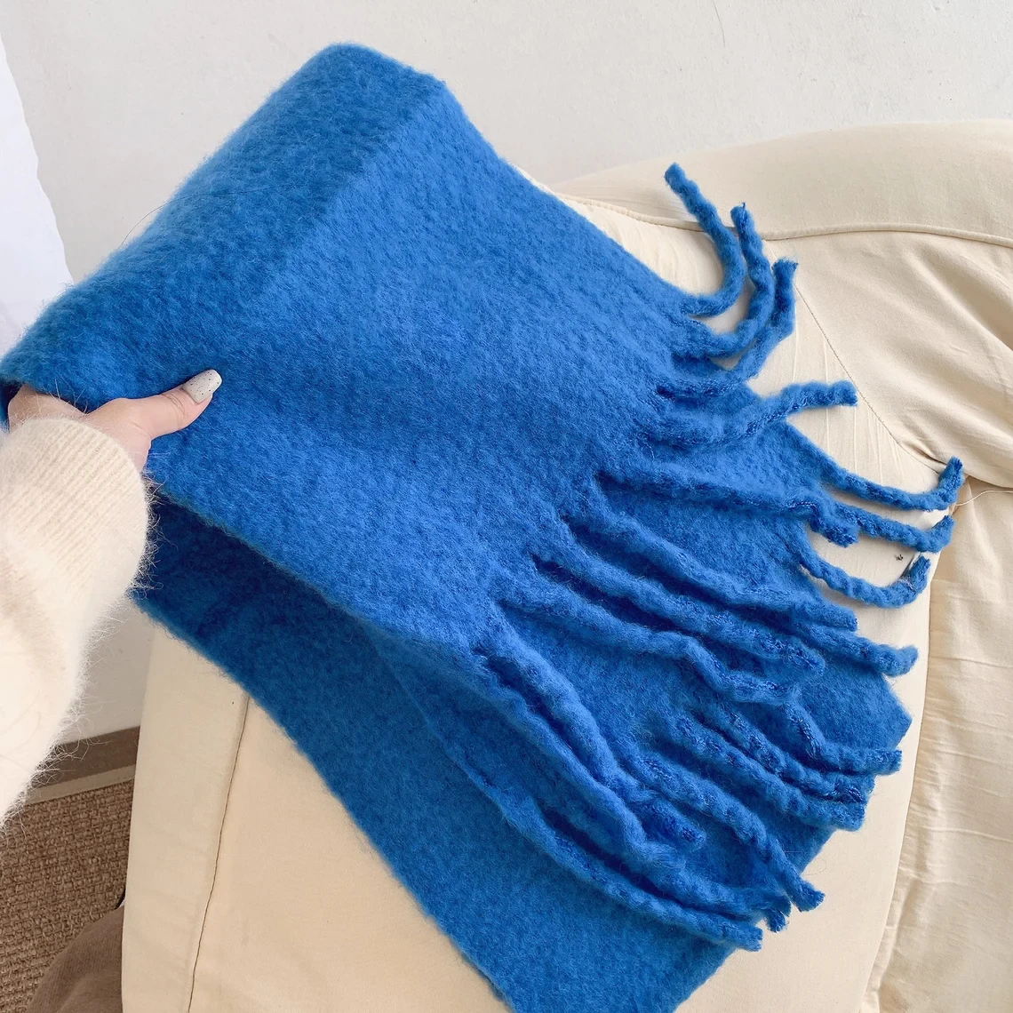 Cerulean Blue Oversized Fringed Scarf