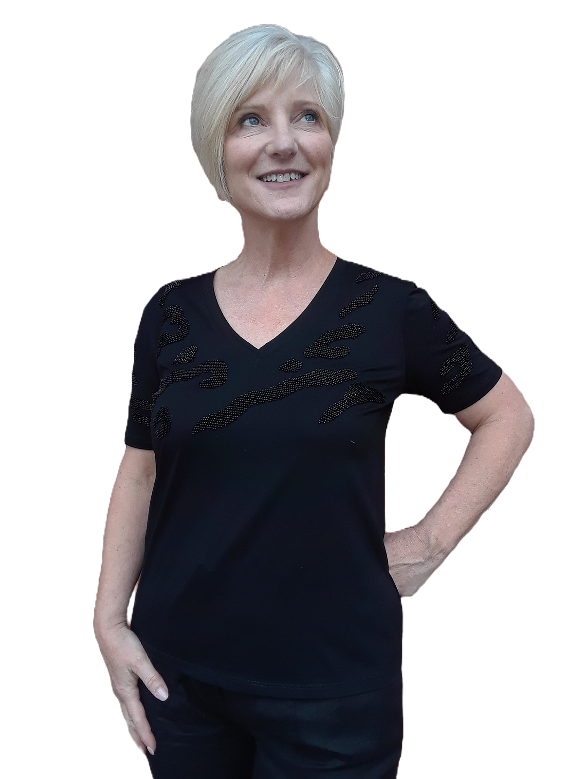 Premium Black V-Neck Top with Beaded Detail by Leo & Ugo