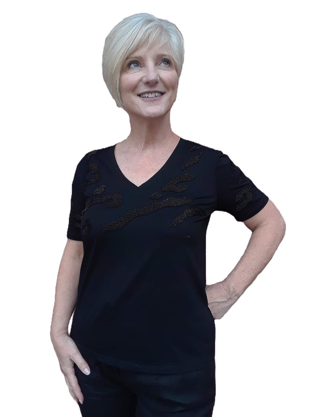 Premium Black V-Neck Top with Beaded Detail by Leo & Ugo