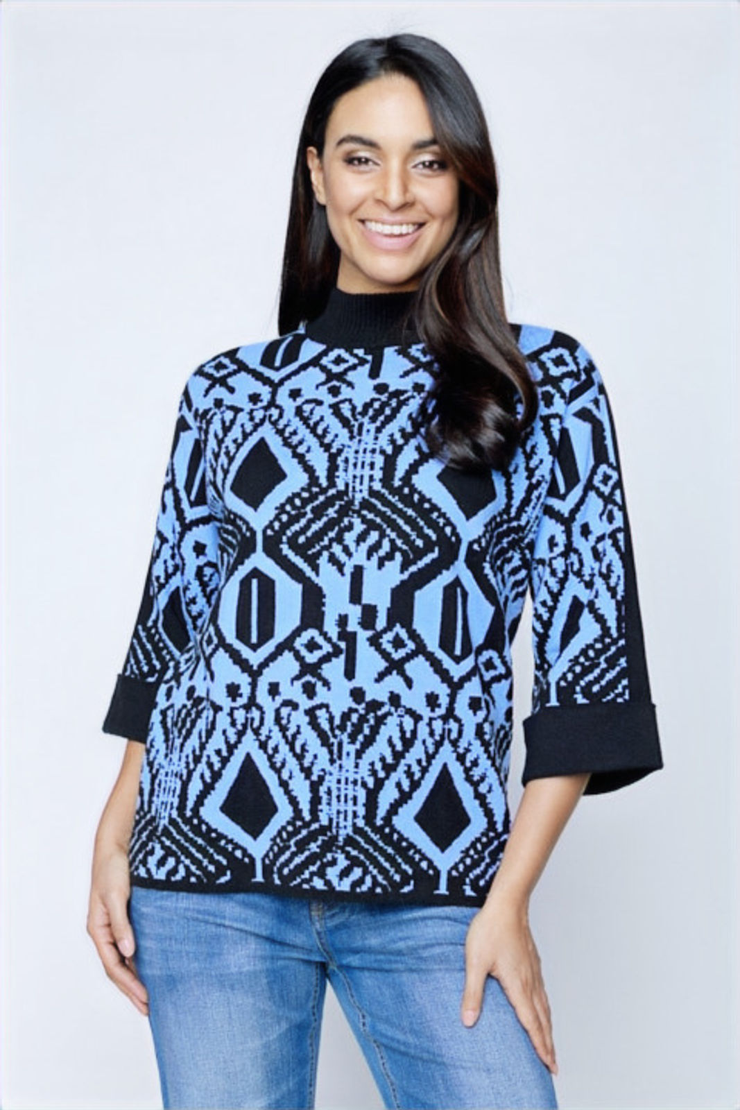 Carre Noir Blue & Black Geometric Sweater 6598