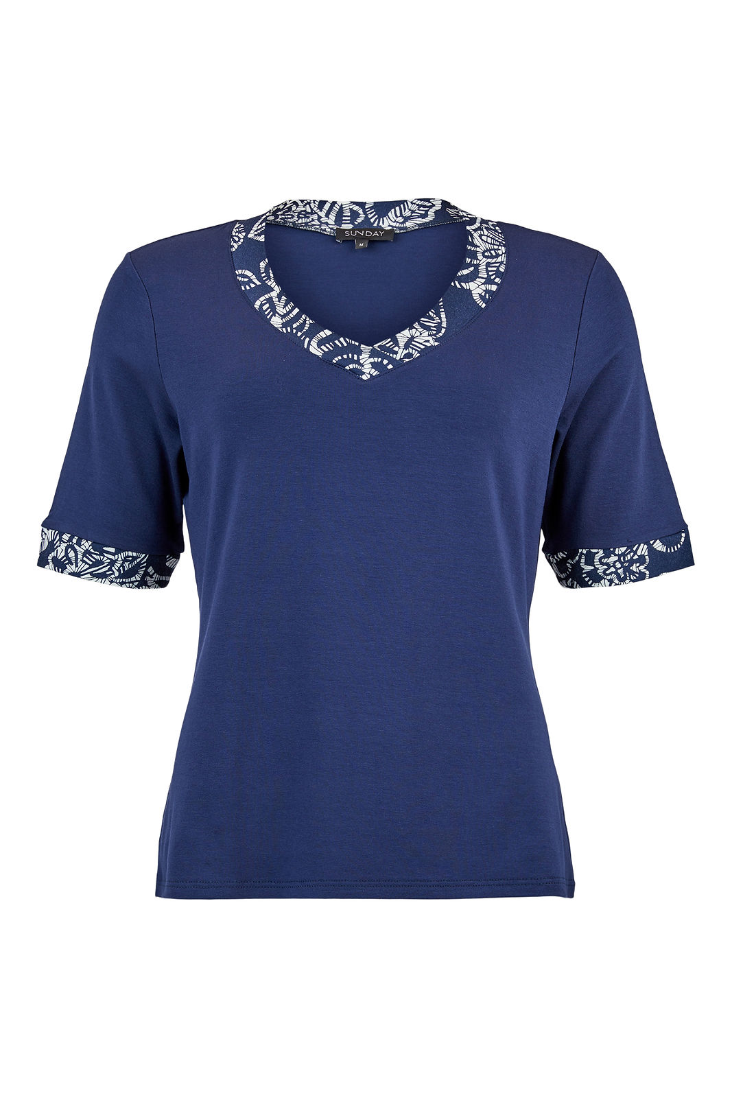 Sunday Navy V-Neck Tee with Batik Print Trim  6578-6770-6710