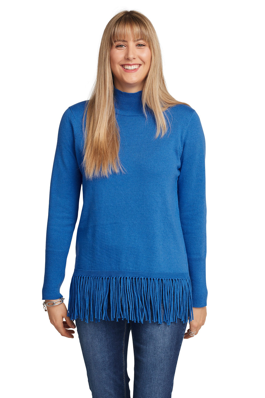 Carre Noir Fringed Cerulean Blue Mock Neck  Sweater 222000