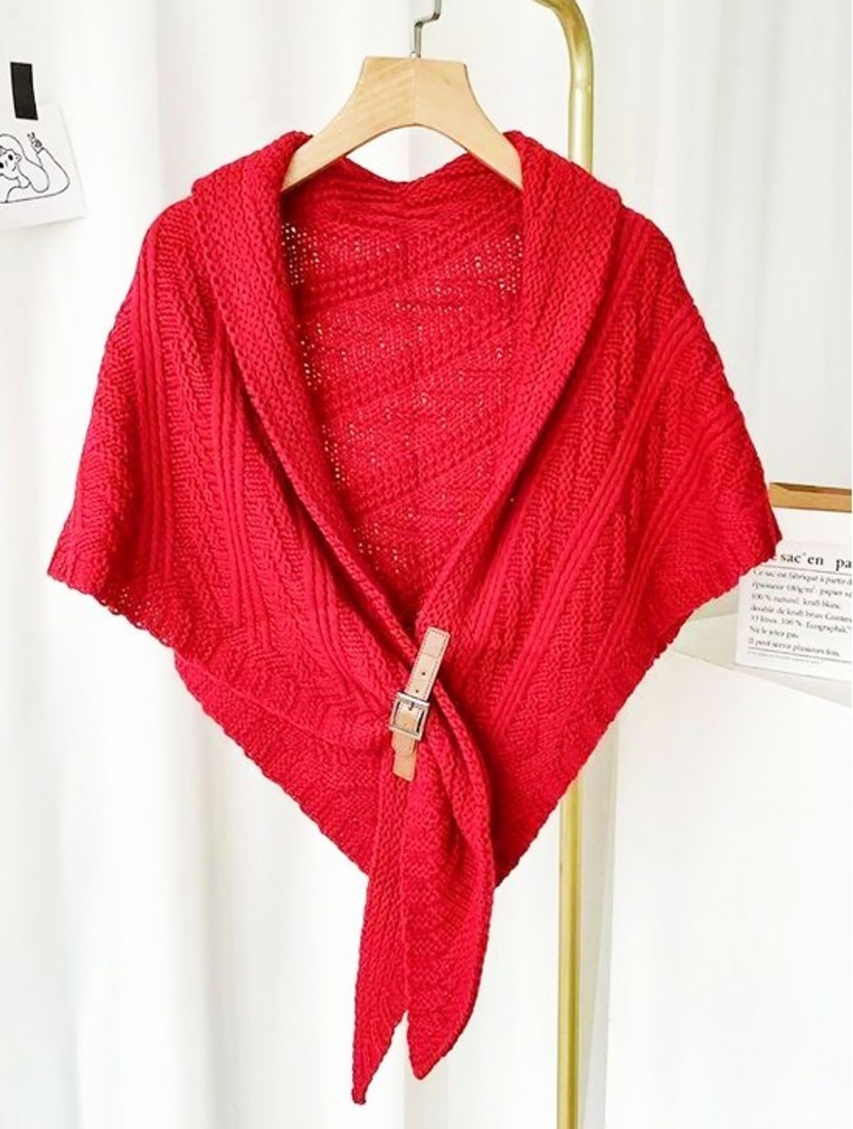 Red Cable Knit Shawl with Buckle