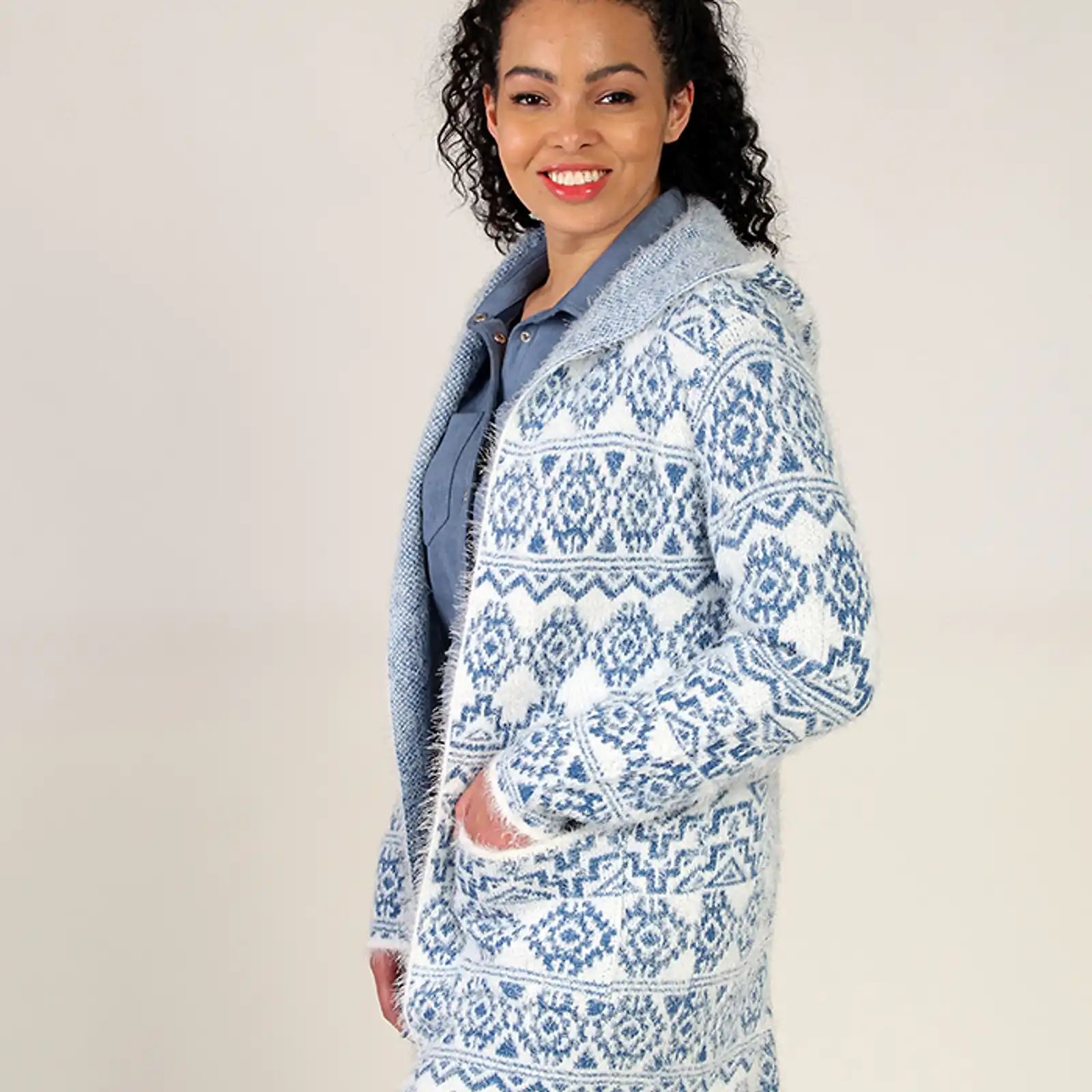 Thumbnail: Fresh FX Blue and White Eyelash Long Cardigan  FB163782