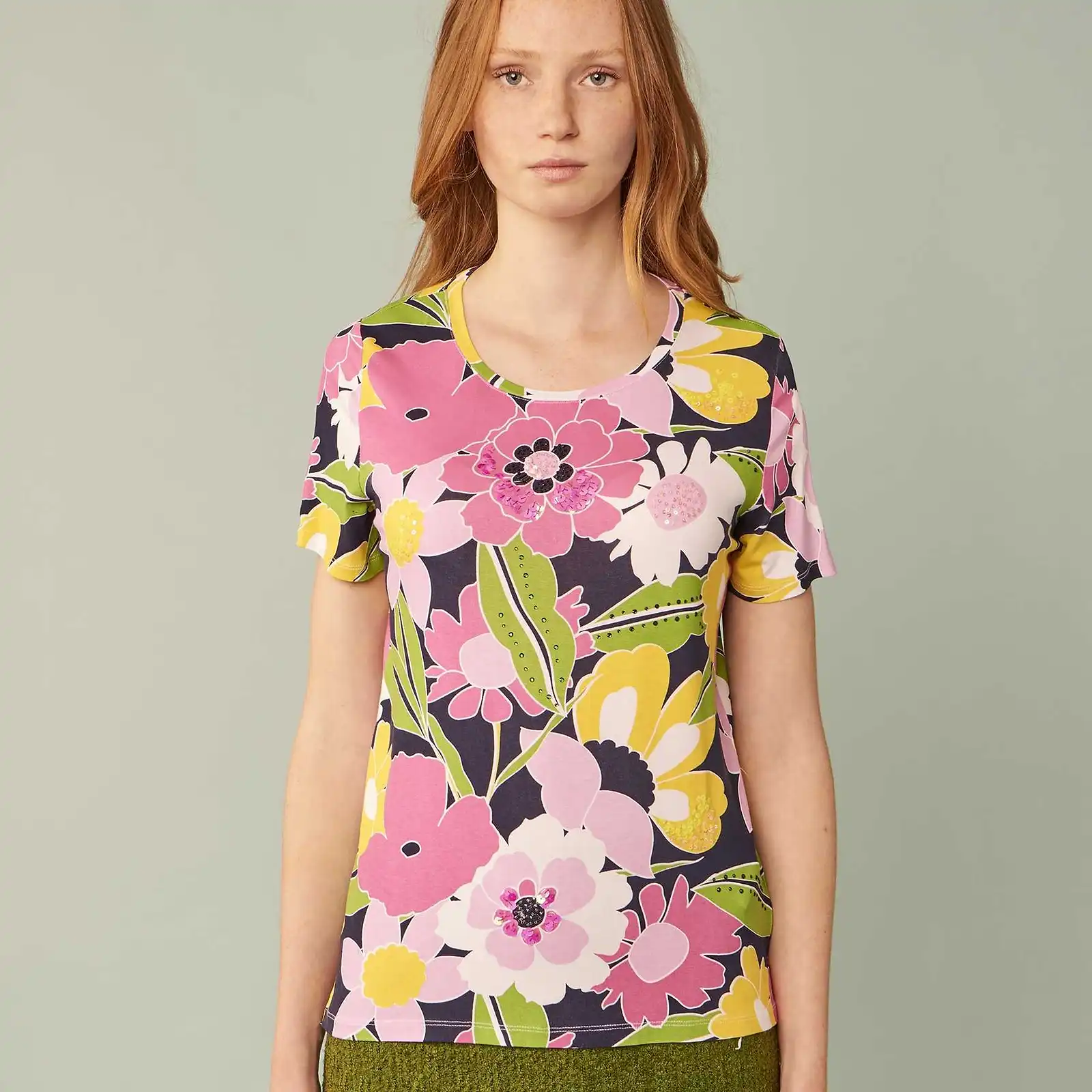 Thumbnail: Pink and Lime Floral Print Tee by Leo & Ugo