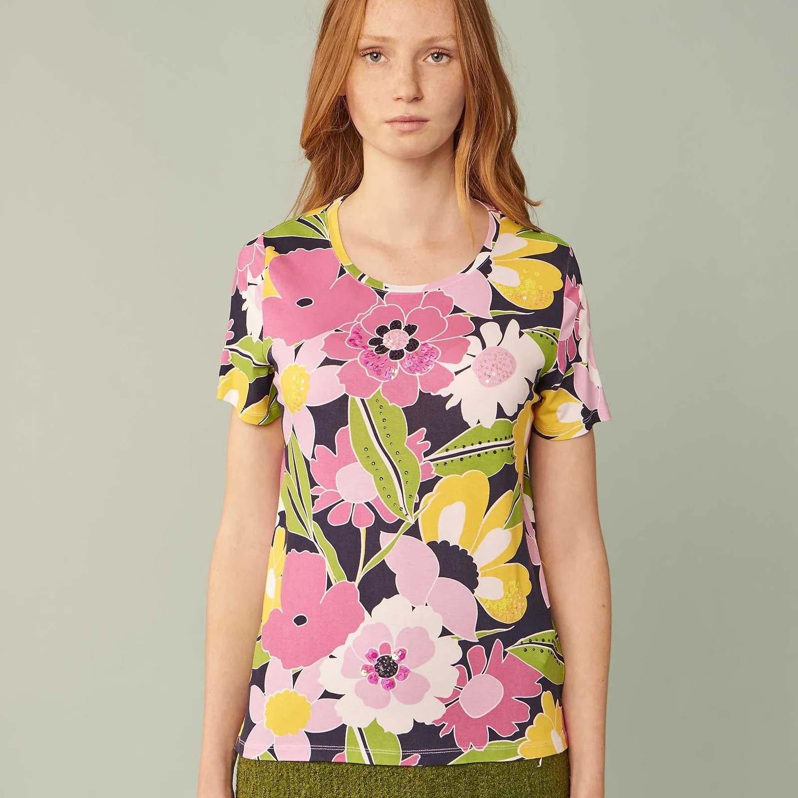 Pink and Lime Floral Print Tee by Leo & Ugo