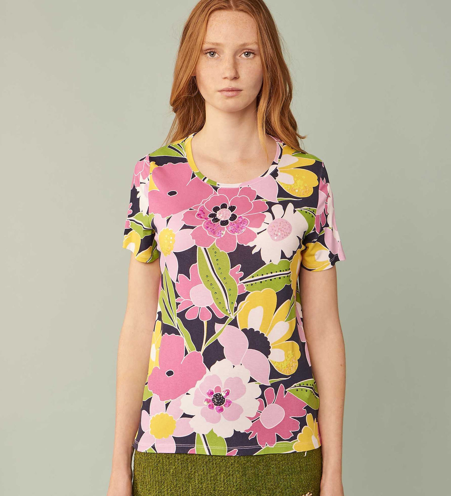 Pink and Lime Floral Print Tee by Leo & Ugo