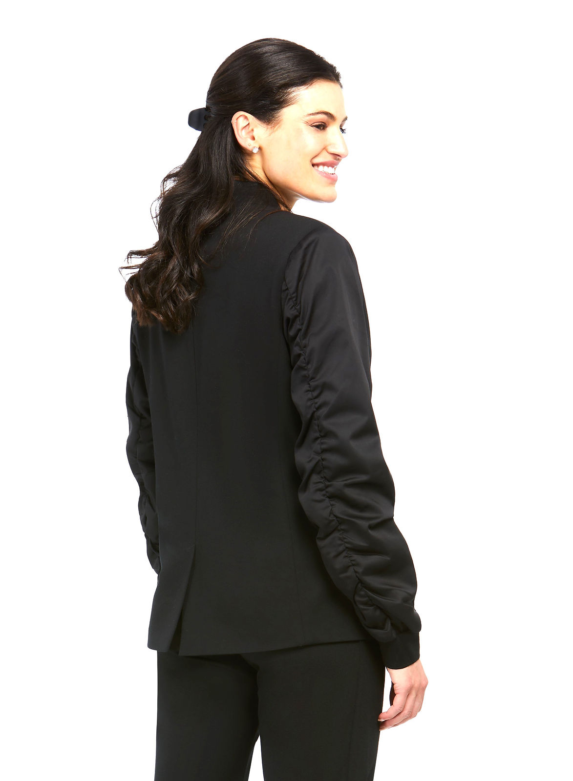 Orly Black Blazer with Ruched Satin Sleeves 70201