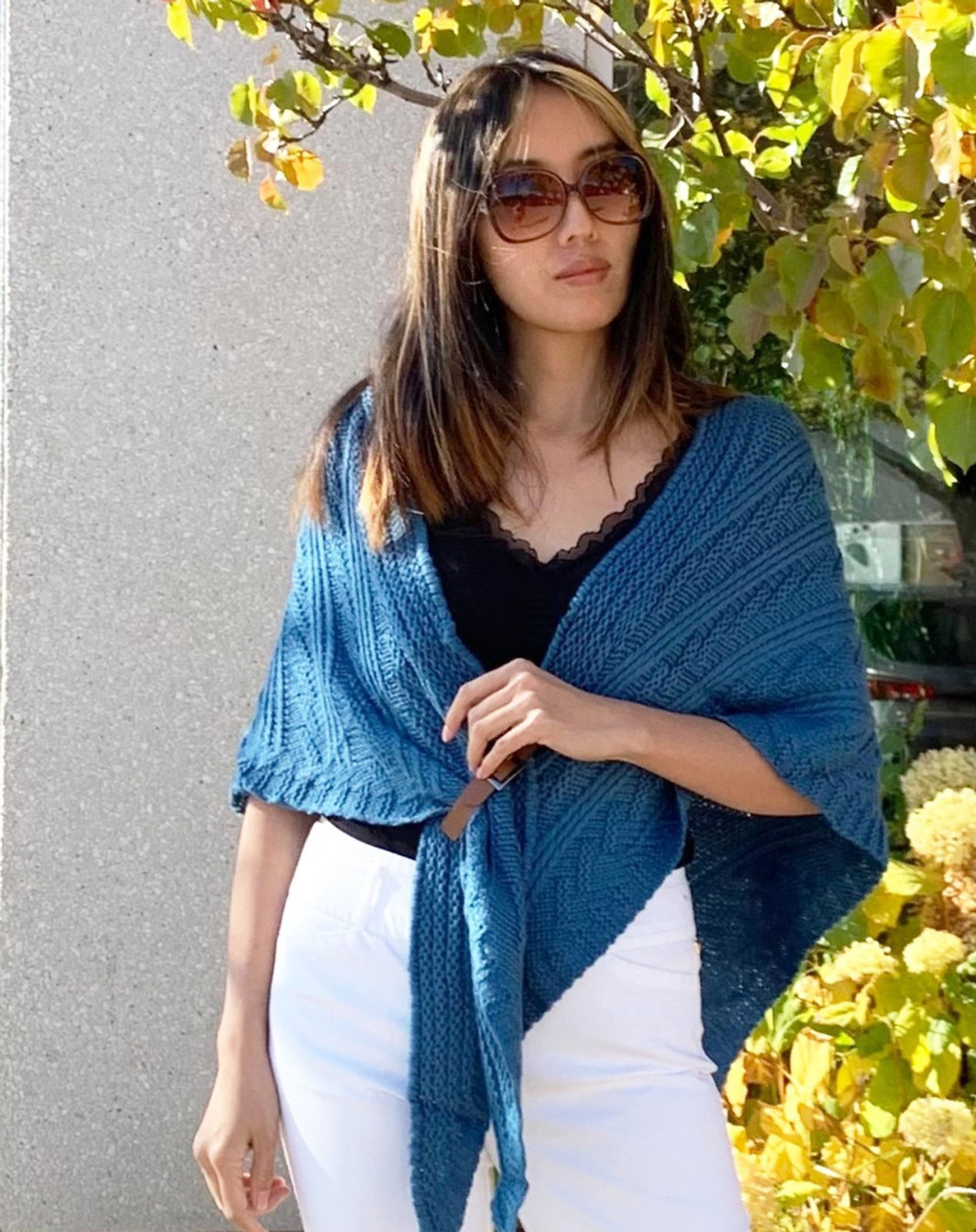 Blue Cable Knit Shawl with Buckle