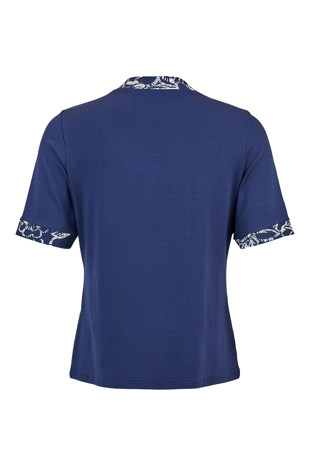 Sunday Navy V-Neck Tee with Batik Print Trim  6578-6770-6710