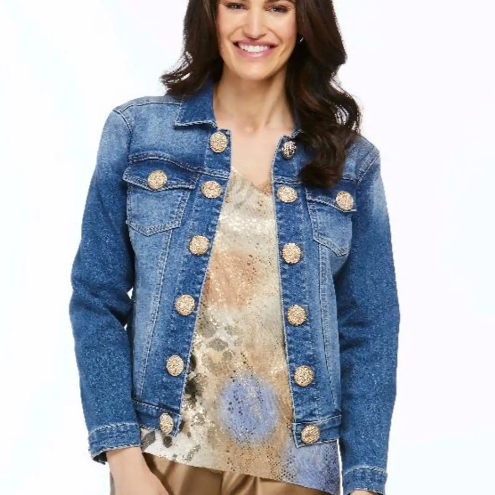 Thumbnail: Orly Cropped Jean Jacket with Gold Buttons 70304