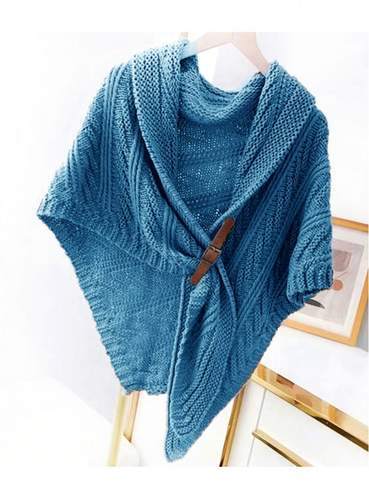 Blue Cable Knit Shawl with Buckle