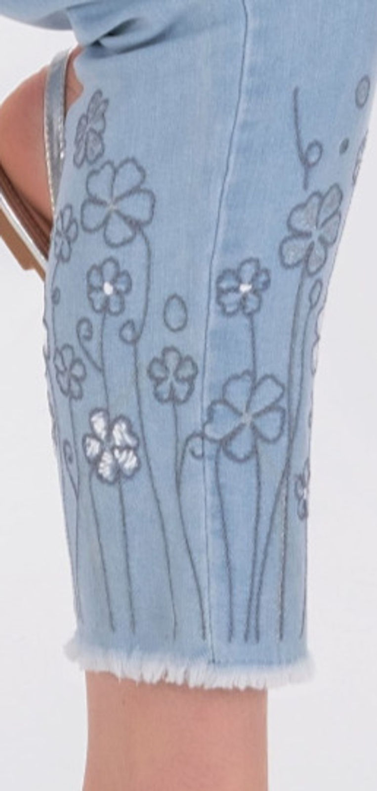 Dolcezza Light Wash Denim Jeans with Embroidered and Frayed Hem