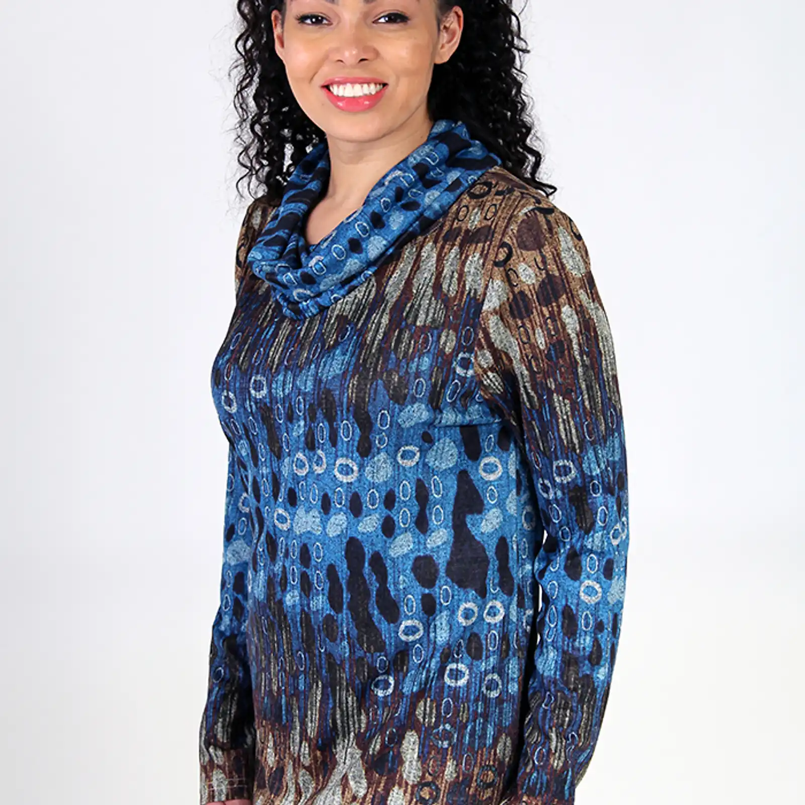 Thumbnail: Fresh FX Brown & Blue Cowl Neck Tunic 1FB371442C