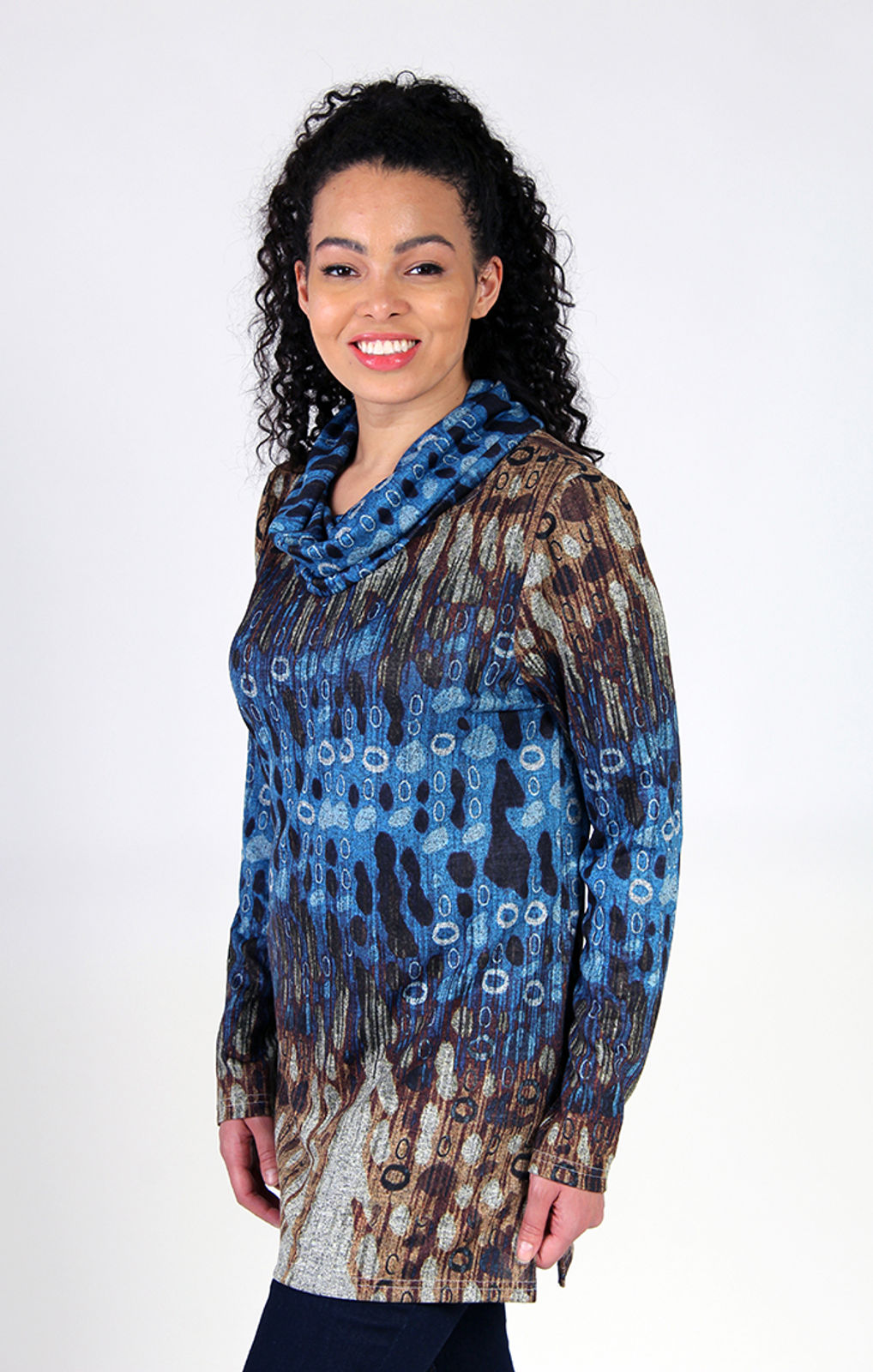 Fresh FX Brown & Blue Cowl Neck Tunic 1FB371442C