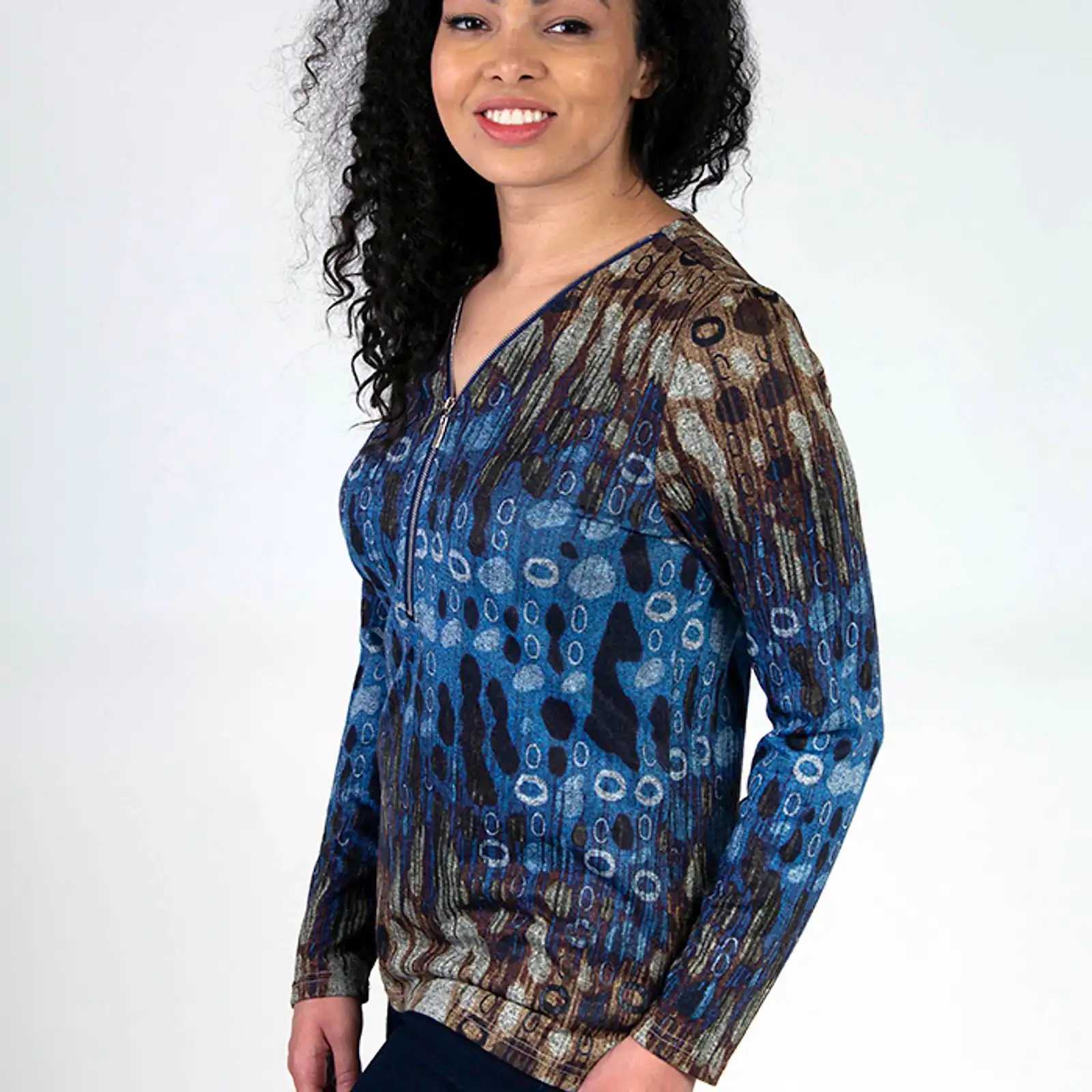 Thumbnail: Fresh FX Brown & Blue Zip V-Neck Top 1FB371443C