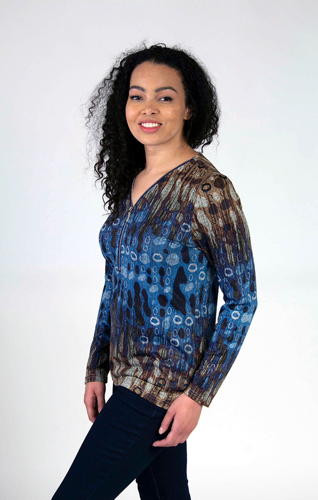 Fresh FX Brown & Blue Zip V-Neck Top 1FB371443C