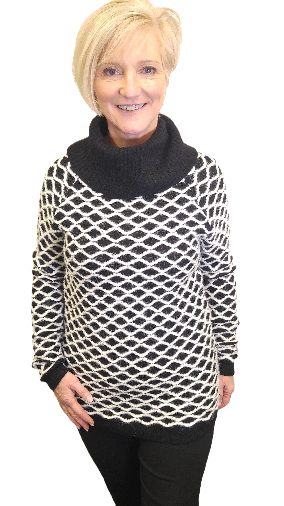Orly, Black and White Wavy Line Cowl Neck Sweater 51008