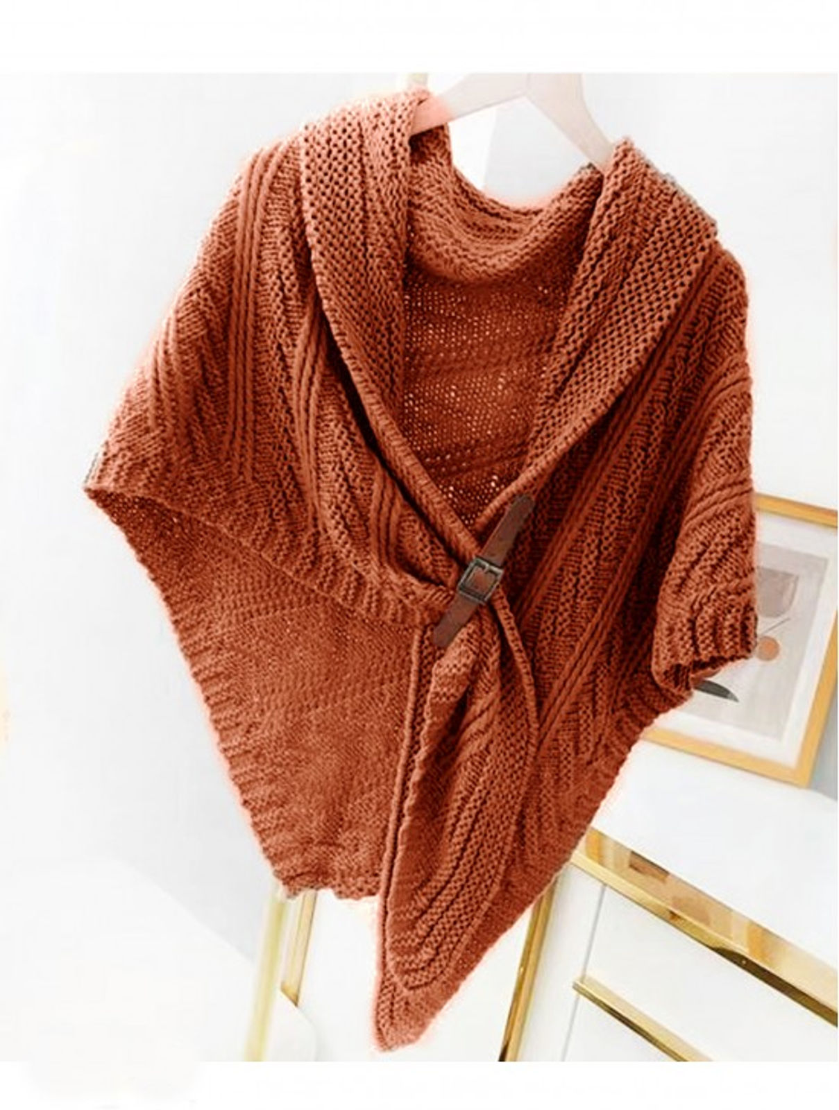 Rust Cable Knit Shawl with Buckle